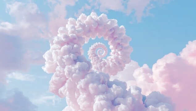 Surreal spiral formation of soft pink clouds set against a clear bright blue summer sky