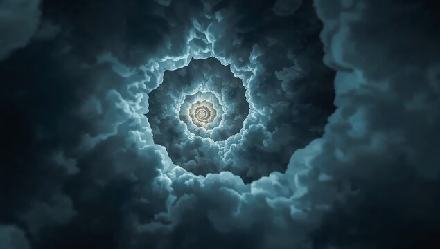Surreal spiral tunnel formed by dark storm clouds leading into a bright glowing center point