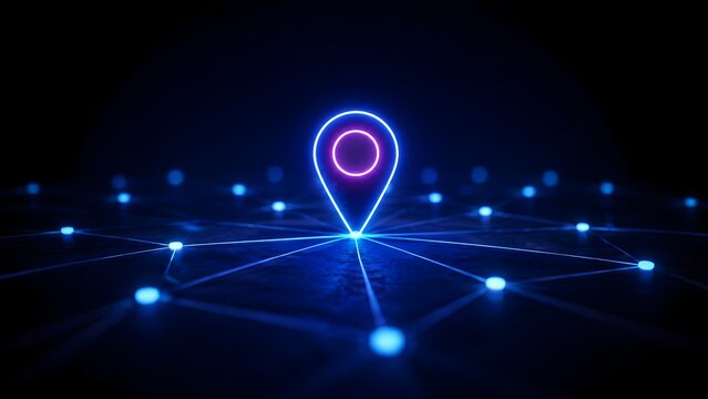 Glowing neon location pin connected to a digital network grid representing global positioning system logistics tracking and virtual communication