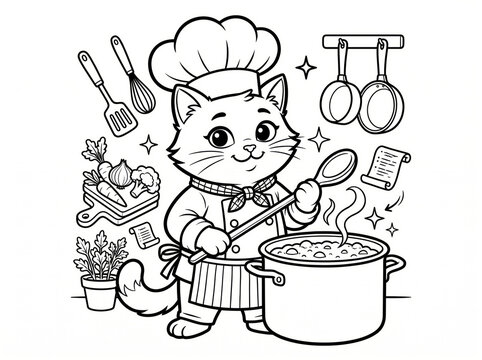 Adorable cat chef wearing a hat and apron stirring a large pot in a kitchen coloring page.