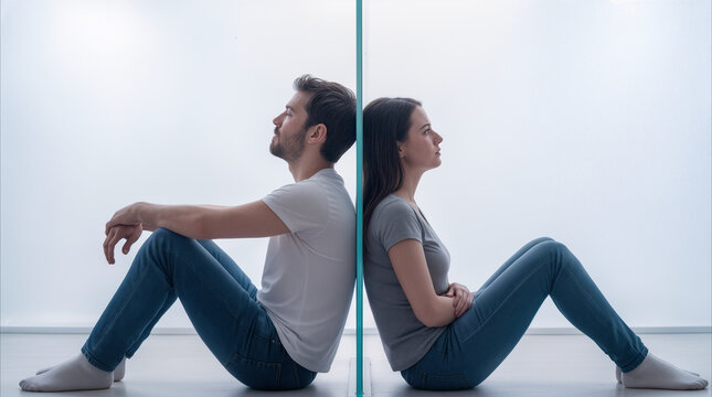 Couple sitting back to back separated by glass wall. Relationship difficulties and emotional distance between man and woman in minimalist interior.