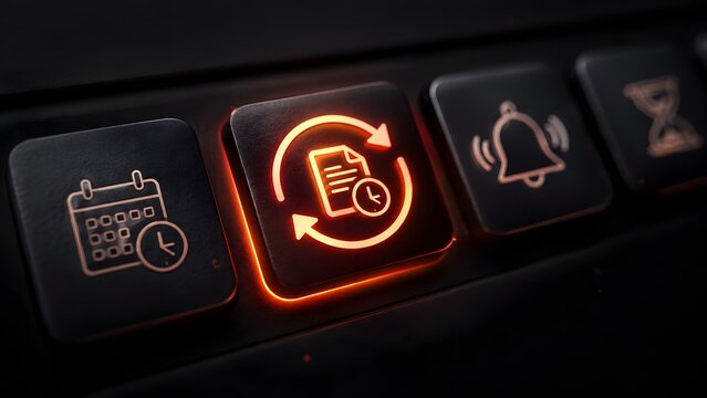 Glowing red document update icon button on a digital keyboard surrounded by calendar and notification bell symbols