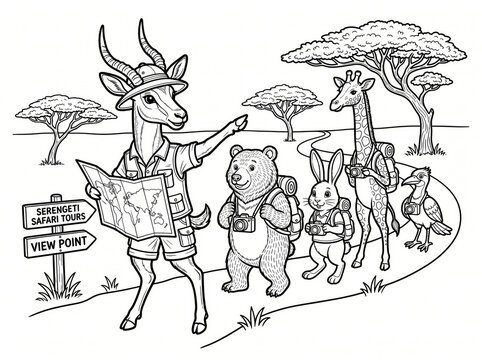 Coloring page of cartoon animals on a Serengeti safari tour with guide.