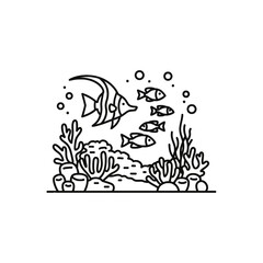 Fototapeta premium Underwater Coral Reef Scene with Tropical Fish Line Art