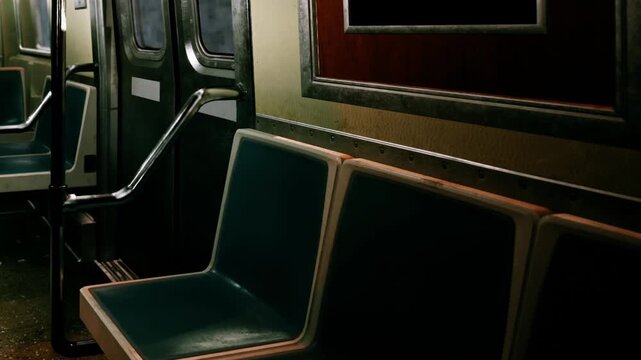 People are absent in the subway car. The interior shows empty seats and metal poles. The lighting is low, creating a quiet atmosphere. This scene represents urban transport late at night.