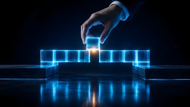 Hand placing the final glowing blue glass cube to bridge a gap representing business strategy problem solving and completing a connection