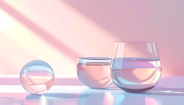 Glass of water with blue ice cubes on pink background.