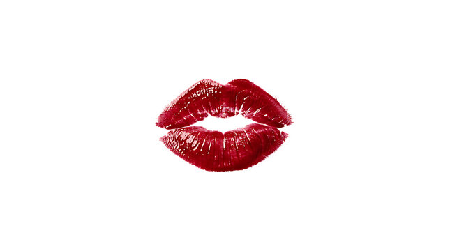 A bright red lipstick kiss mark with a glossy texture showing detailed lip prints isolated on transparent background