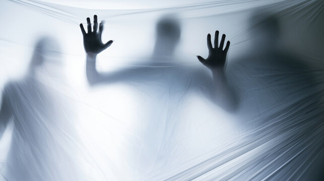 Three ghostly hands pressing outward from behind a translucent stretched membrane, blurred human silhouettes hidden beneath the pale surface, Halloween horror, trapped souls, super