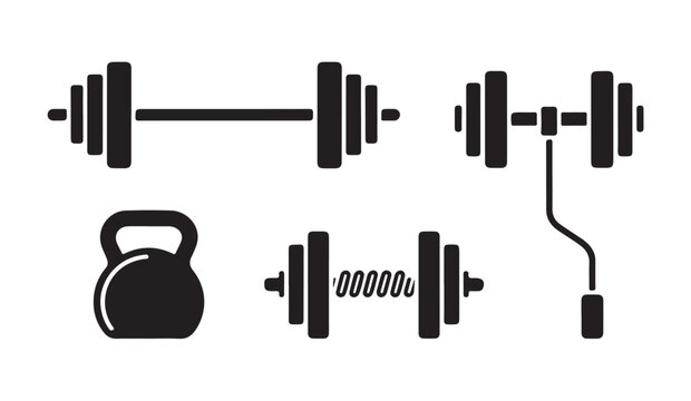 Black silhouette vector icons of gym equipment including barbells, kettlebell, and resistance band.