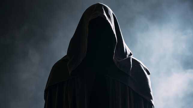 Close-up portrait of an eerie person concealed beneath a heavy black hood and layered cloak, complete darkness replacing the face and creating an unsettling empty silhouette, Hallo