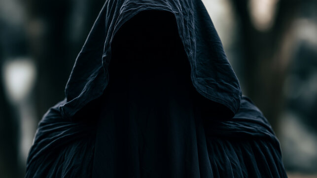 Close-up portrait of an eerie person concealed beneath a heavy black hood and layered cloak, complete darkness replacing the face and creating an unsettling empty silhouette, Hallo