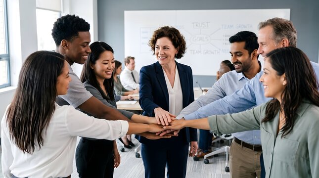 Business team joining hands with leader during workplace collaboration meeting