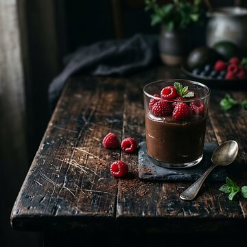 Delicious chocolate mousse dessert served in a glass with fresh raspberries on a rustic wooden table