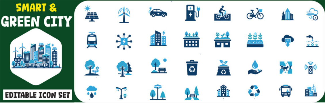 Diverse collection of icons representing urban life nature and modern city elements