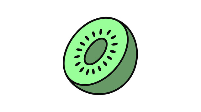 Cartoon illustration of a fresh green kiwi half showing black seeds.