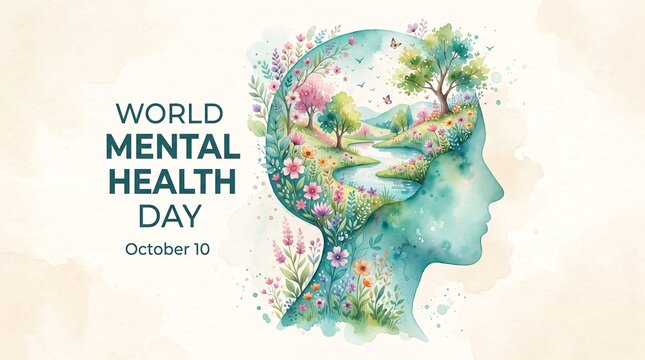 Watercolor illustration of a human head filled with flowers for mental health