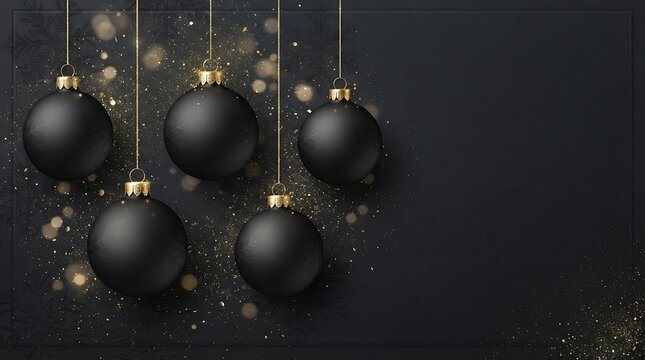 Elegant matte black christmas baubles hanging against a dark background with golden festive confetti and sparkles
