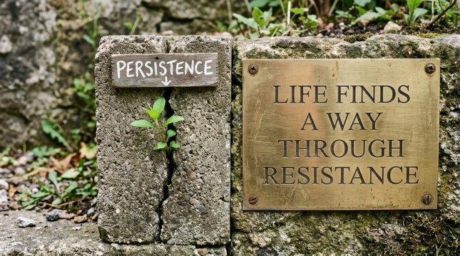 A small sprout growing next to a brushed brass plate with an inspiring message about persistence and life through resistance.