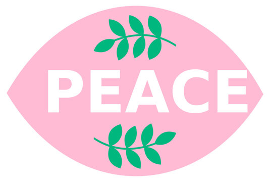 Pink oval Peace sticker with green leaves, retro peace slogan badge