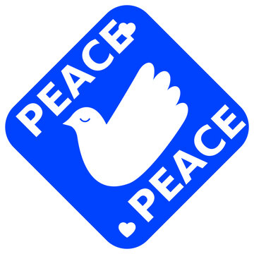 Blue diamond sticker with flying peace dove and Peace border text vector