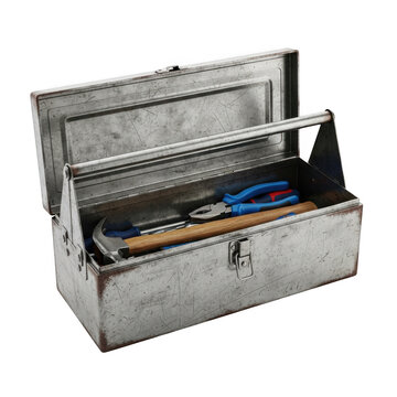 Old metal toolbox with tools inside open