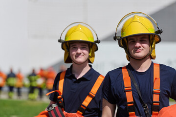 Fototapeta premium Young Firefighters Wearing Yellow Helmets And Safety Harnesses During Outdoor Team Training Exercise