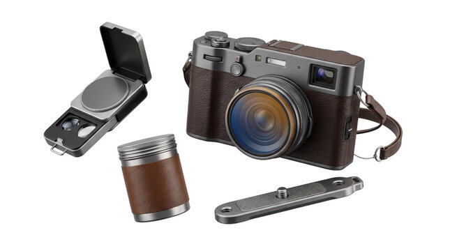 Vintage style digital camera with brown leather trim, professional photography equipment set, retro mirrorless camera with accessories