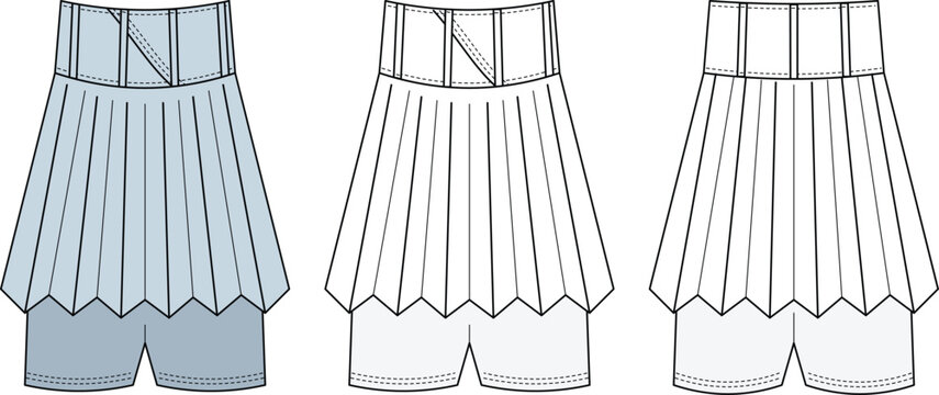 Technical Flat Sketch of Pleated Skort with Zigzag Hem and Built In Shorts Design