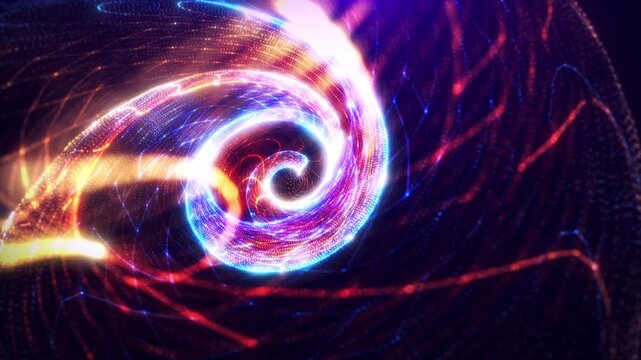 Abstract colorful energy vortex with glowing blue, pink, and orange light trails spiraling into a radiant center, creating a futuristic cosmic background with motion, depth, and digital energy.