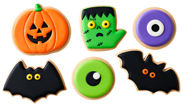 Assorted Halloween icing cookies set with scary characters isolated on white background
