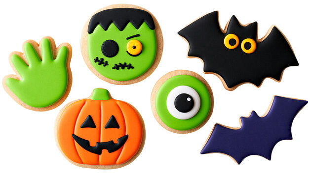 Halloween icing cookies set with pumpkin frankenstein bat isolated on white background
