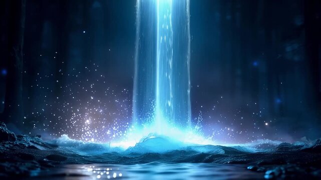 青白く輝く神秘的な光の滝の幻想的な風景