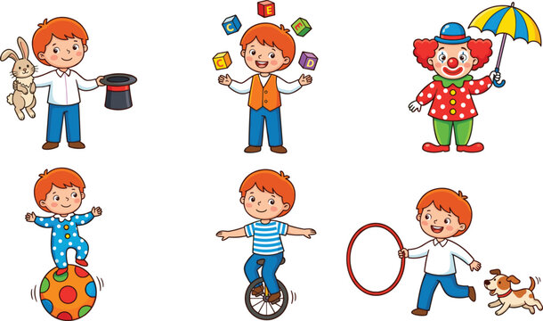 Cute boy circus performer characters set juggling blocks riding unicycle training dog and magic tricks cartoon vector illustrations for children