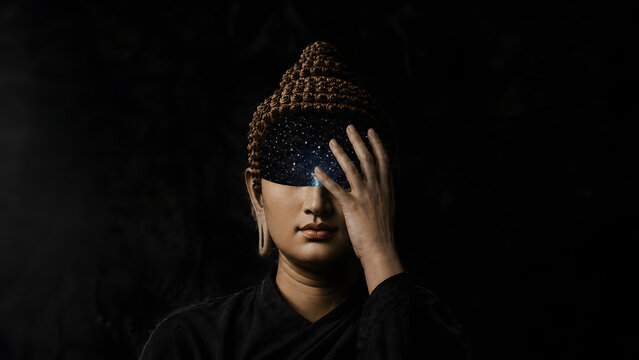 Meditating buddha statue featuring a deep cosmic nebula galaxy inside the head with dramatic lighting against a dark black background