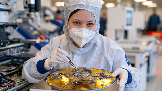 High-tech semiconductor cleanroom inspection scene with a technician wearing a sterile white hooded suit, protective mask and gloves, using precision tweezers to examine a circular silicon wafer, br