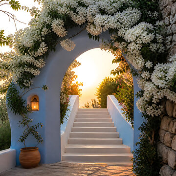 Soft blue archway with white steps and blossoms