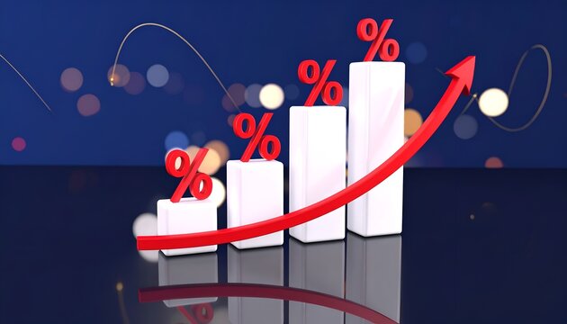 White financial columns with red percentage symbols and a rising arrow over a reflective surface, symbolizing increasing rates, investment performance, market expansion, and wealth growth.