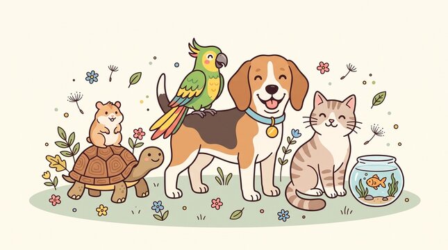 Happy pets group with colorful parrot and fishbowl