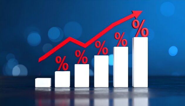 White financial bars increasing in height with red percentage symbols and a strong upward arrow, representing interest rate growth, market momentum, investment returns, and economic progress.