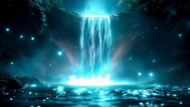 青白く輝く神秘的な光の滝の幻想的な風景
