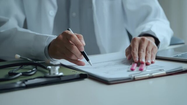 doctor organizes medical record documents at a hospital