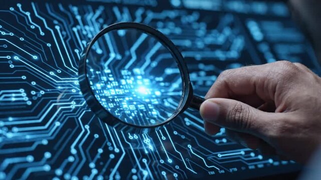 Magnifying glass hovering over a blue digital circuit board