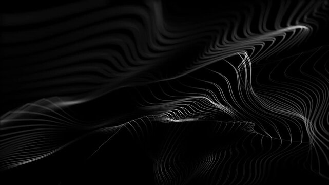 Abstract monochrome flowing contour lines on a black background, creating an elegant wave-like structure with depth, motion, minimalism, and futuristic digital aesthetics.