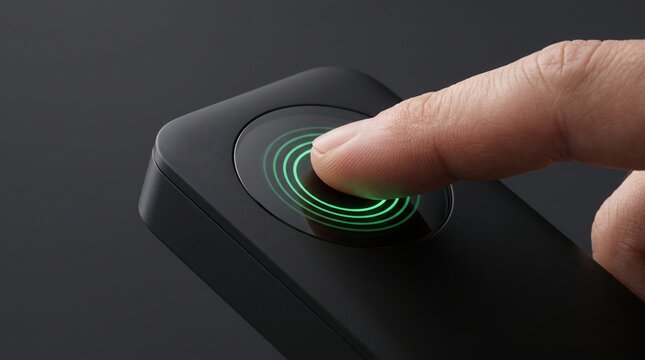 Finger scanning a biometric sensor on a black security device