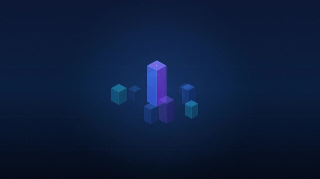 A futuristic isometric landscape featuring 3D transparent data blocks. A hero block grows and glows, representing performance increase, accompanied by data signals and a responsive grid.