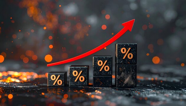 Red upward arrow rising above percentage blocks, symbolizing increasing interest rates, inflation, financial pressure, market changes, and economic growth.