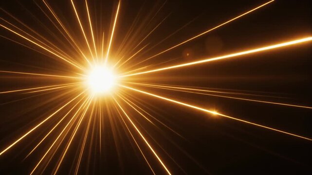 ゴールドの光芒が単灯が左上で瞬く暗背景の光エフェクトと中央のコピースペース