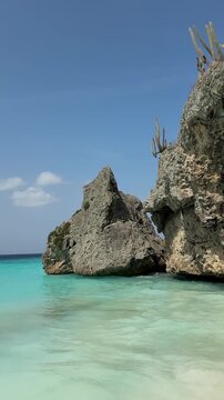 Tropical beach shore turquoise ocean waves lapping limestone rock cliff cactus stationary low angle view clear blue sky sunny day coastal paradise paradise island vacation travel concept