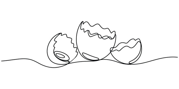 Continuous single line drawing of broken egg shells isolated on a white background Vector, illustration